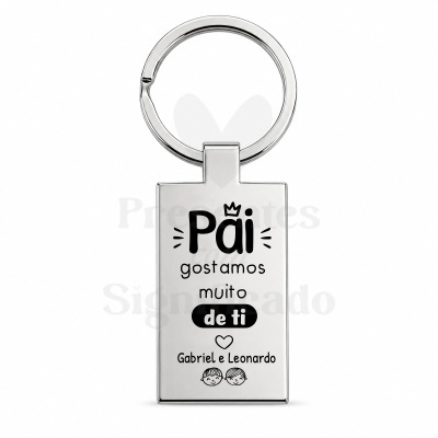 Chaveiro metálico retangular prateado com texto personalizado para pai