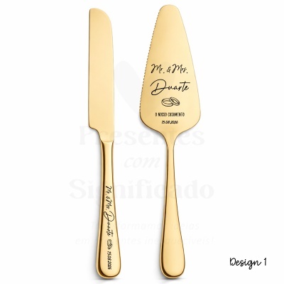 Conjunto faca e espátula dourados personalizados para casamento