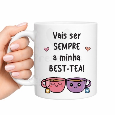 Caneca branca com texto e ilustrações de chávenas cor-de-rosa e roxa animadas