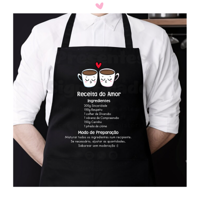 Avental preto com desenho de canecas e receita de amor em português