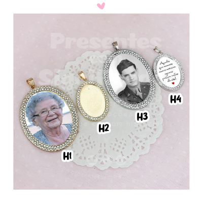 Quatro medalhões ovais com bordas de pedras brilhantes, dois com fotos, um dourado vazio e um prateado com texto emotivo em português num fundo rosa com papel rendado.