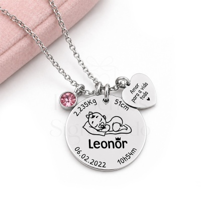Colar prateado personalizado com pendentes de bebé, coração e pedra rosa