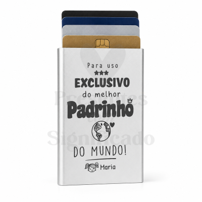 Carteira porta-cartões metálica personalizada com texto e desenhos em preto