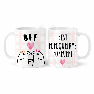 Duas canecas brancas com grelha rosa, personagens desenhadas e texto BFF e BEST FOFOQUEIRAS FOREVER!
