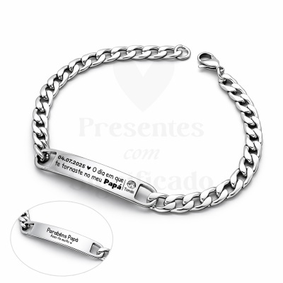 Pulseira masculina prateada com gravuras personalizadas para pai