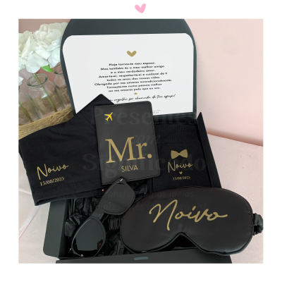 Conjunto preto para noivo com toalha, máscara para dormir, óculos de sol e embalagem personalizada