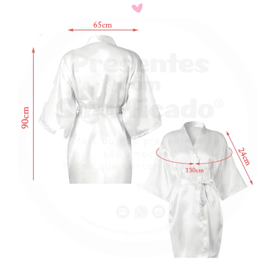 Robe branco acetinado com cinto, vista frontal e traseira, com medidas indicadas.