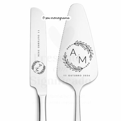 Conjunto de faca e espátula para bolo personalizada com data e monograma em metal prateado