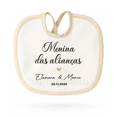 Babete branco com texto personalizado Menina das alianças Eleonora & Marco 22.11.2025