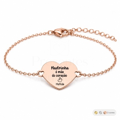 Pulseira com pendente em forma de coração cor de rosa gravado com texto para madrinha
