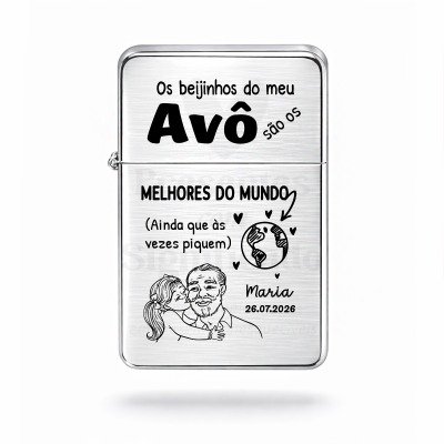 Isqueiro metálico prateado com gravação para avô e filha