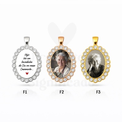 Três medalhões ovais brilhantes com texto e fotos