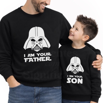 Camisolas pretas com estampa branca de capacete e texto I AM YOUR FATHER e I AM YOUR SON