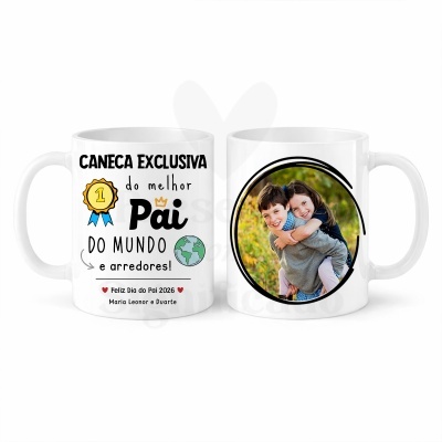 Caneca personalizada branca com texto para o dia do pai e foto de crianças.