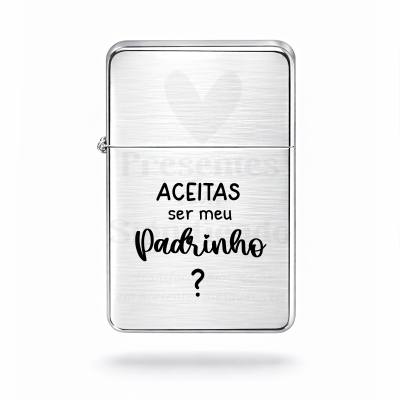 Isqueiro prateado com texto ACEITAS ser meu padrinho ?