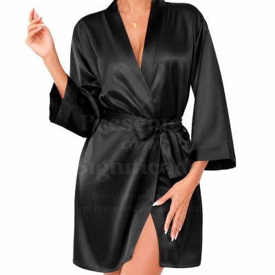 Robe feminino preto de cetim com cinto e mangas largas