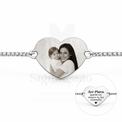 Pulseira de prata com pendente em forma de coração e fotografia gravada