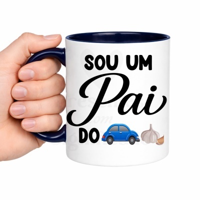Caneca branca e azul com texto e emojis em português