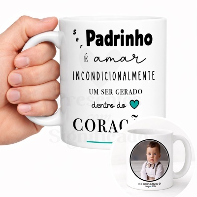 Caneca branca com texto para padrinho e foto de bebé