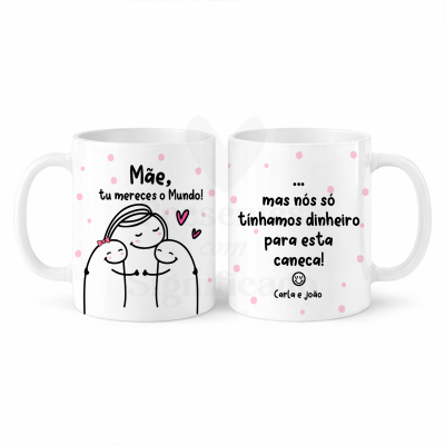 Duas canecas brancas com bolinhas cor-de-rosa e texto para mãe, com ilustração simples de mãe e filhos.
