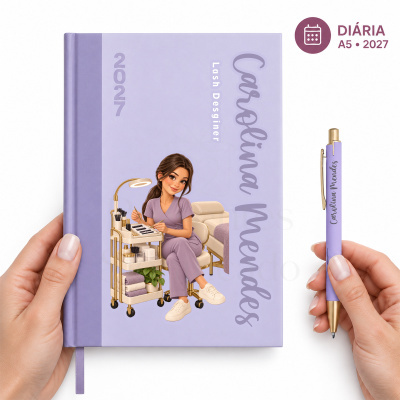 Agenda 2027 lilás com ilustração de designer de pestanas e caneta correspondente