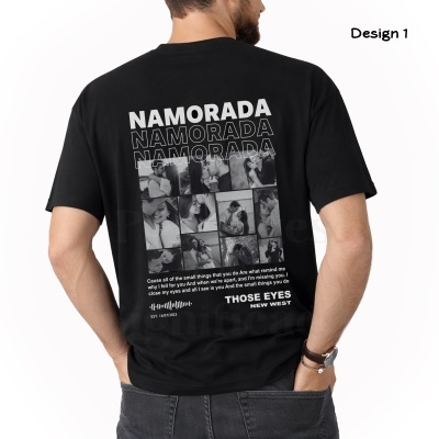 T-shirt preta com estampa com fotos de casal e texto NAMORADA e THOSE EYES NEW WEST