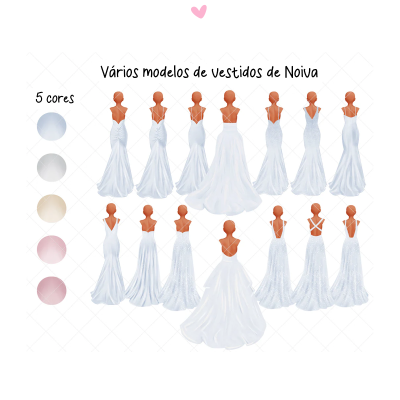 Modelos variados de vestidos de noiva em cinco cores diferentes, apresentados em manequins em fundo claro
