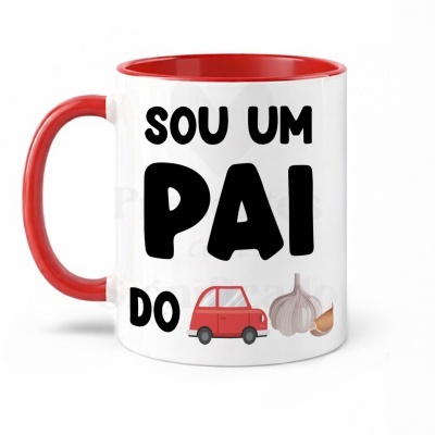 Caneca branca com interior e asa vermelhos e texto em preto com carro e alho