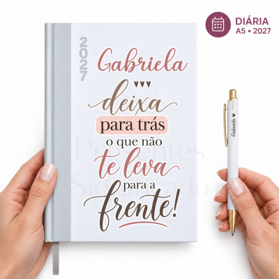 Diário A5 2027 com capa personalizada com testemunho escrito e caneta com nome