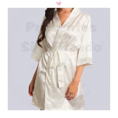 Robe de cetim branco com cinto, manga 3/4 e decote em V