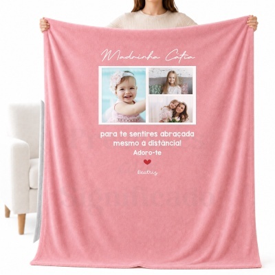 Manta rosa com fotos e texto personalizado