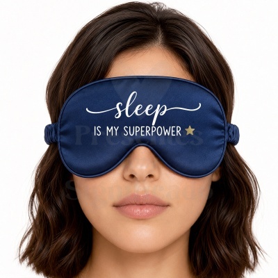 Máscara de dormir azul escura com texto sleep IS MY SUPERPOWER