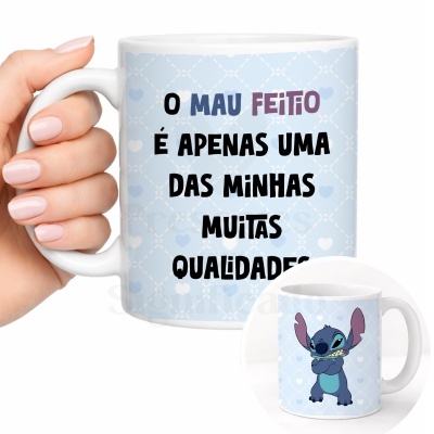 Caneca branca com texto e ilustração do personagem Stitch