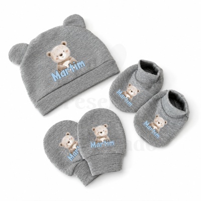 Conjunto de bebê cinzento com ursinho e o nome Martim