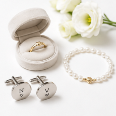 Anel dourado com coração em caixa de veludo, pulseira de pérolas com fecho de coração dourado, botões de punho prateados com letras N e V