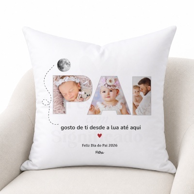 Almofada branca personalizada com fotos e texto para o Dia do Pai
