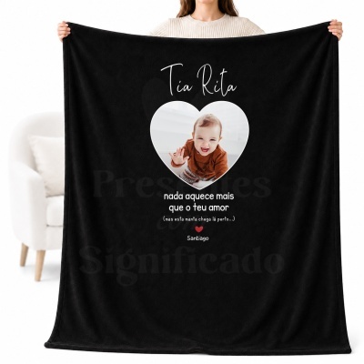 Manta preta personalizada com foto de bebé e texto em branco
