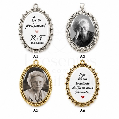 Quatro medalhões ovais decorativos para joias, dois prateados e dois dourados, com foto de idosa e textos em português