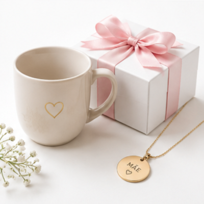 Caneca bege com coração dourado, colar com pendente MÃE, caixa branca com fita rosa e flores brancas