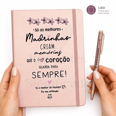 Caderno rosa com design personalizado e caneta rose gold para madrinhas