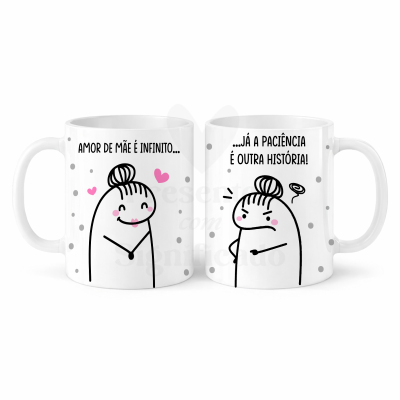 Duas chávenas brancas com ilustrações e texto humorístico sobre amor de mãe e paciência.