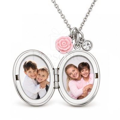 Colar medalhão prateado com fotos e pingentes de flor rosa e cristal