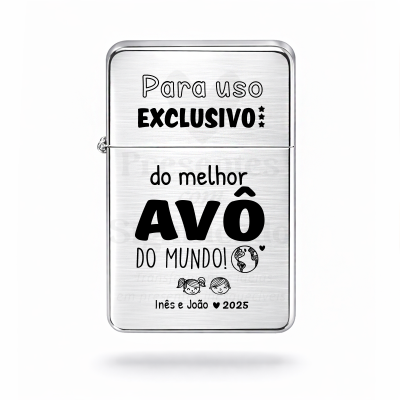 Isqueiro metálico prateado gravado com texto personalizado para avô