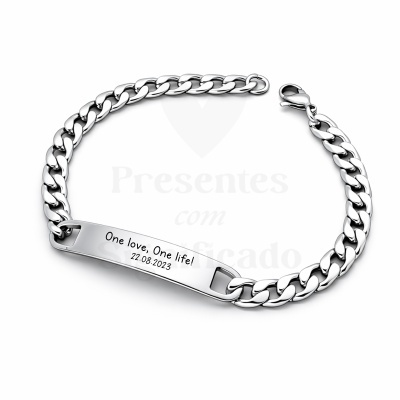 Pulseira de corrente metálica prateada com placa personalizada