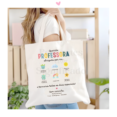 Mala branca de tecido com texto e ilustrações coloridas para professora