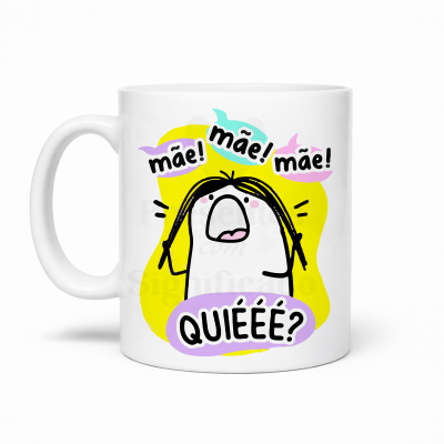 Caneca branca com personagem a gritar e texto mãe! mãe! mãe! e QUIÉÉÉ? em balões coloridos
