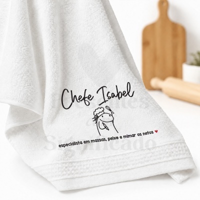 Toalha de cozinha branca personalizada com texto e ilustração