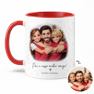 Caneca branca com interior e pega vermelhos com caricatura de pai e filhos e texto dedicado