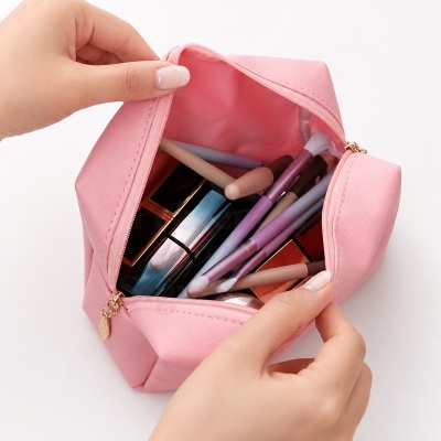 Necessaire rosa aberta com pincéis e produtos de maquilhagem sem marca visível