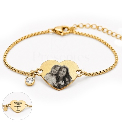 Pulseira dourada com coração personalizado com foto e texto